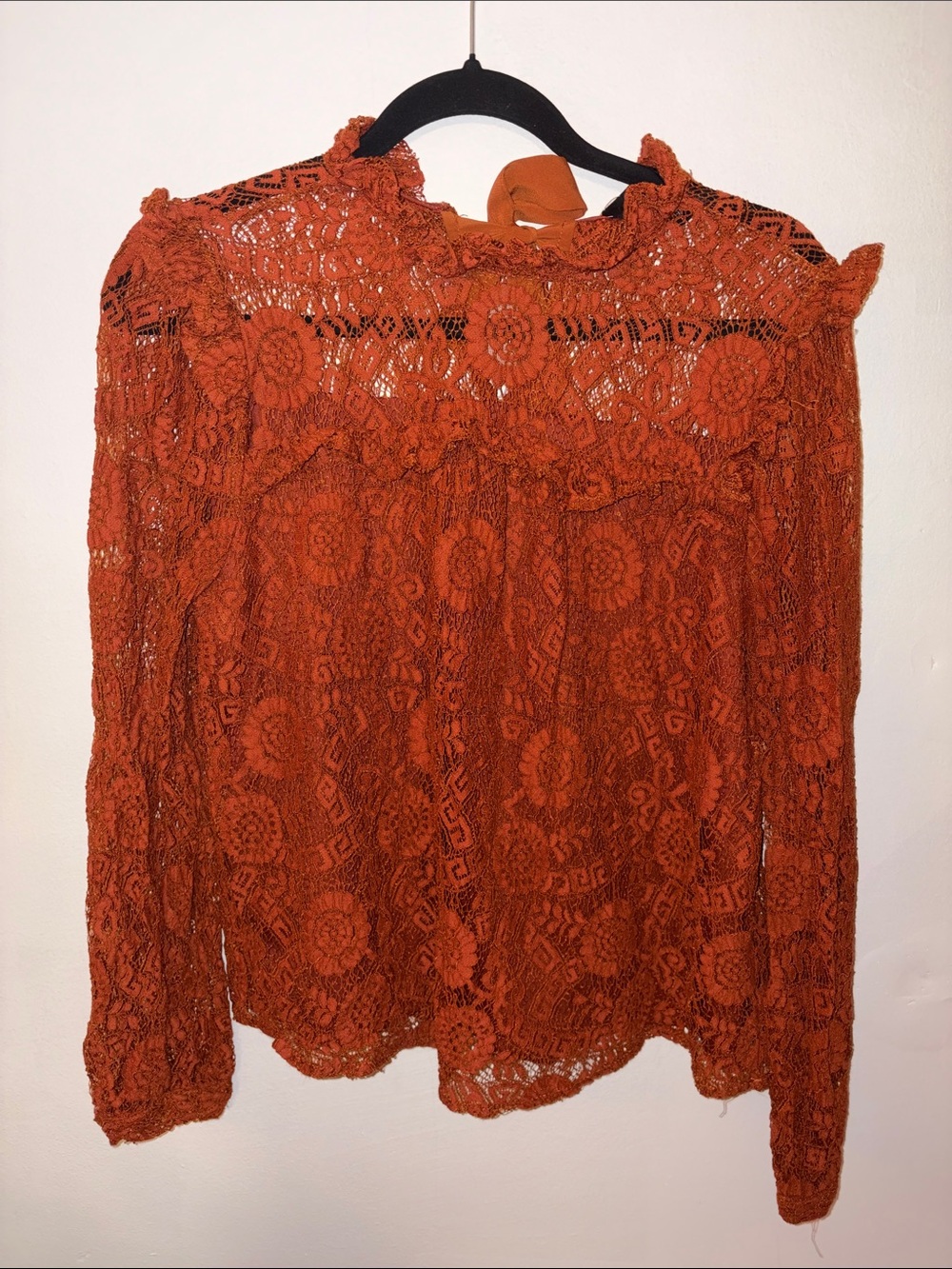 Alice Blue Rust Orange Lace High-Neck Long Sleeve Blouse